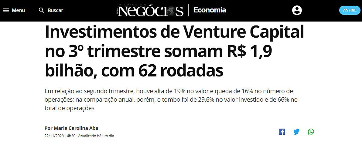 Investimentos de Venture Capital no 3 trimestre somam R$ 1,9 bilho, com 62 rodadas